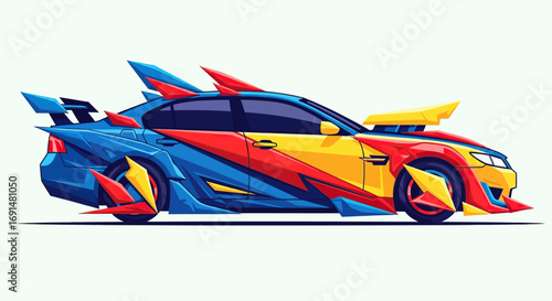Aggressive custom sports sedan with sharp, colorful aerodynamic fins and spoilers.