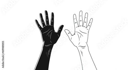Two Hands Raised High, Black and White Line Art Illustration