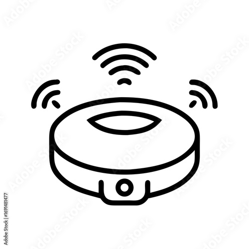 A modern, technological wireless robot cleaner icon. This vector graphic features a sleek design with radio wave symbol. The icon symbolizes smart home automation and innovative technology