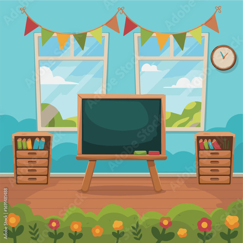 Classroom illustration with blackboard windows and decoration for school education learning design