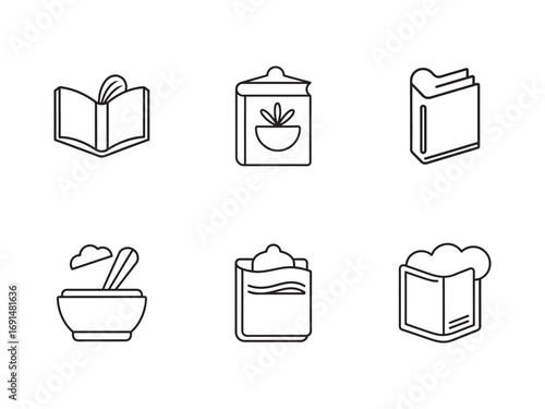 Minimalist line art vector icons for education cooking and spa with books jars and bowls in simple design on white background