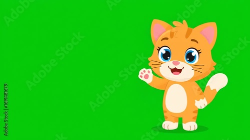 Wallpaper Mural 4k video of an orange cartoon kitten waving, a cheerful close-up shot against a bright green screen background, showcasing a friendly and playful mood. Torontodigital.ca