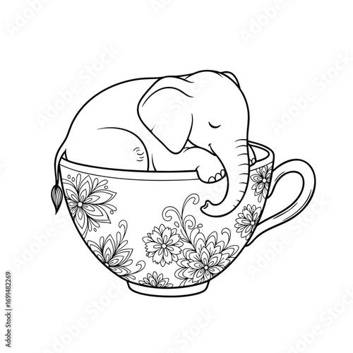 A cute baby elephant sleeping peacefully inside a decorative floral teacup line art illustration.