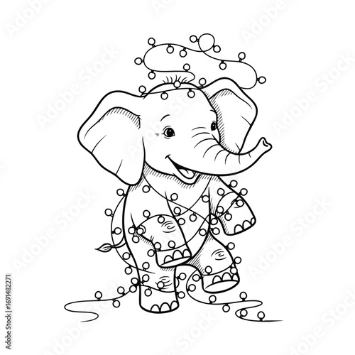 A cute cartoon baby elephant happily tangled in a string of festive Christmas lights.