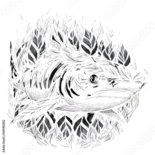 A detailed black and white handdrawn illustration of a sawshark swimming in a kelp forest.