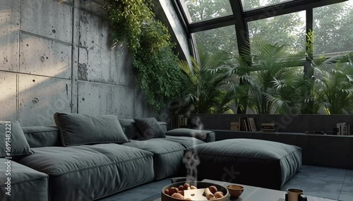 Modern Living Room with Concrete Walls and Open Ceiling

