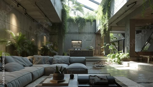 Contemporary Living Room with Concrete Design and Greenery