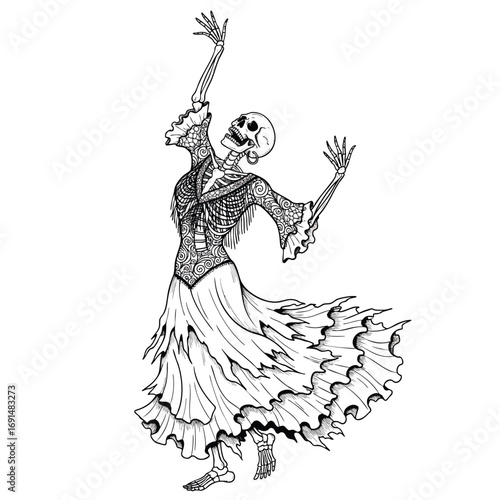 A detailed black and white line art illustration of a female skeleton dancing in a tattered ruffled dress.