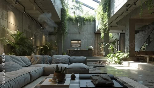 Spacious Concrete Living Room with Skylight and Plants
