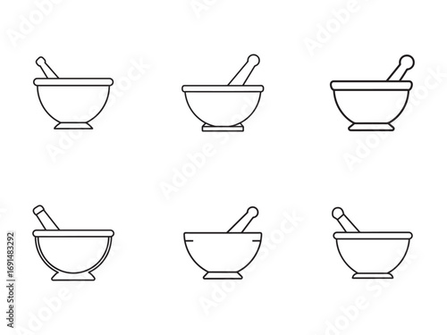Mortar and Pestle Line Art Collection Minimalist Pharmacy Herb Grinding and Culinary Preparation Illustration Vector Set Black and White Background