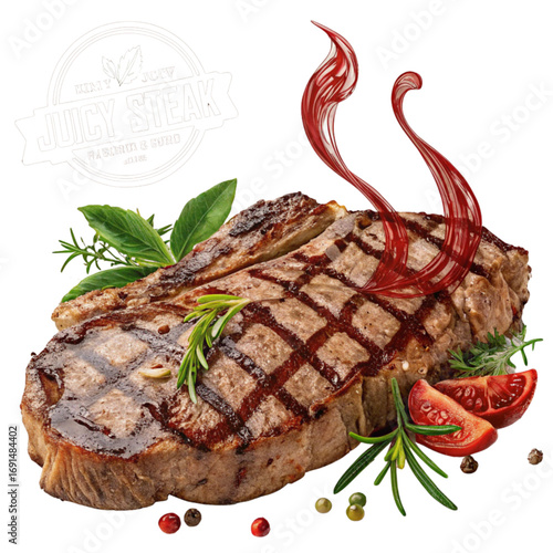 Savor the irresistible, perfectly grilled, juicy steak with vibrant herbs and fresh tomato slices, a culinary masterpiece for your next feast.