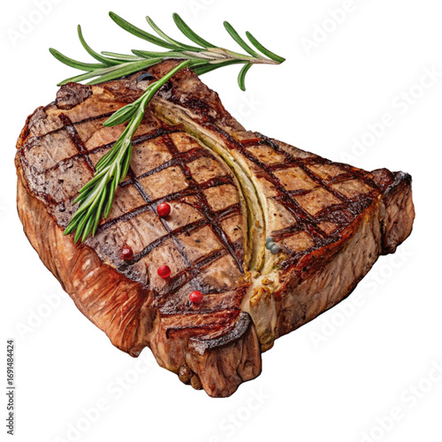 Juicy grilled T-bone steak perfection, featuring savory char marks, fresh rosemary sprig, and vibrant peppercorns, ready to impress any diner.