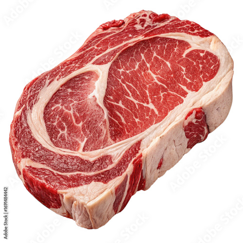 Juicy raw ribeye steak marbled with rich fat, ready for grilling perfection, showcasing premium quality beef for culinary enthusiasts.