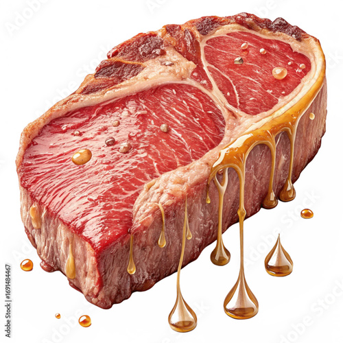 Succulent, juicy raw beef steak glistening with rich marinade dripping down, ready for grilling and gourmet dining experiences.