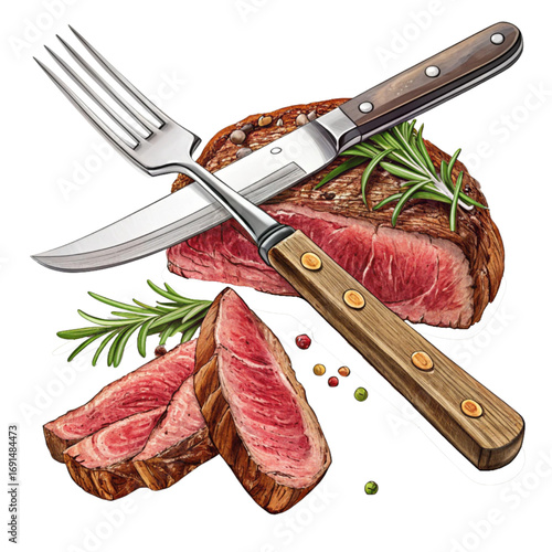 Juicy, perfectly grilled steak with rosemary and peppercorns presented with a sharp knife and fork ready for a gourmet meal