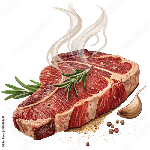 Juicy, sizzling T-bone steak with rosemary and garlic, steaming hot and ready to grill, perfect for culinary content.