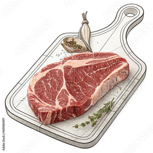 Juicy marbled raw beef steak seasoned with peppercorns and garlic, ready for gourmet grilling and culinary perfection.