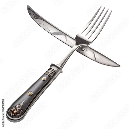 Elegant antique silver fork crossed with ornate Damascus steel knife showcasing intricate craftsmanship and luxury dining