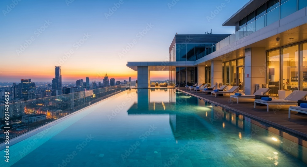 Fototapeta premium Rooftop infinity pool with cityscape view at sunset