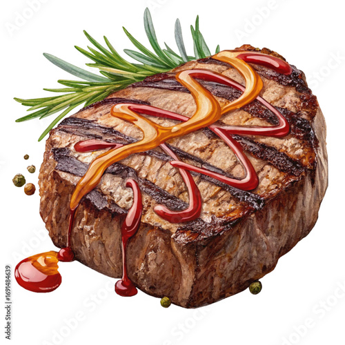 Juicy grilled beef steak drizzled with savory sauces and fresh rosemary garnish, a gourmet culinary delight for discerning palates.