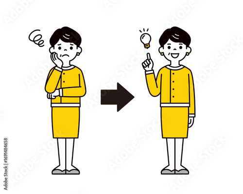悩んでいたが解決策を思いついた、スーツ姿の50代・60代の女性の全身ベクターイラスト素材