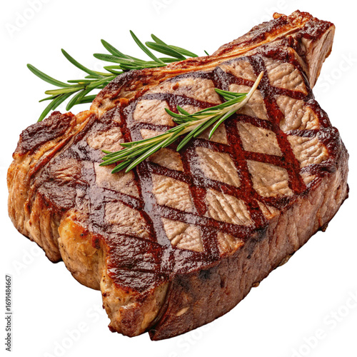 Juicy grilled bone-in ribeye steak with fresh rosemary sprigs, perfect for culinary inspiration and gourmet food marketing.