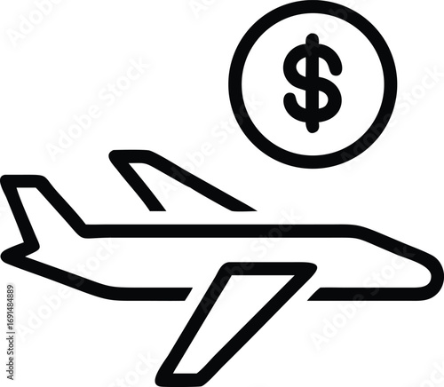 Airplane and dollar sign icon for airline ticket purchase and travel expenses