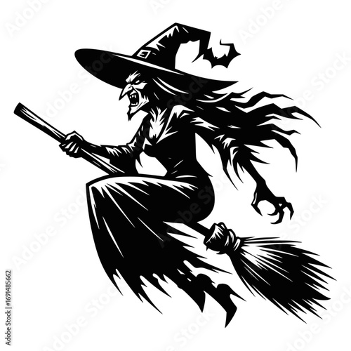 Wicked witch on a broomstick. Halloween witch