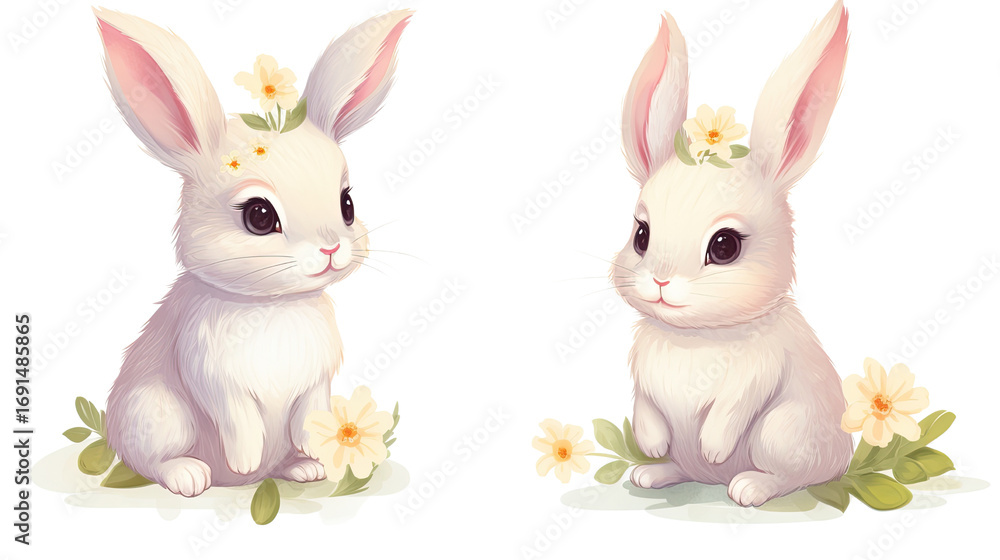 Obraz premium Adorable baby bunny rabbits with flowers in cute poses isolated on white background