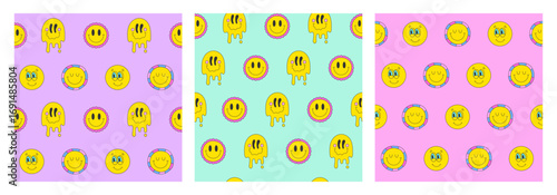 Retro happy funny smiling face cartoon set seamless pattern. Psychedelic comic cool sticker trendy 90s cartoon boundless background. Playful endless hippie vector for print textile wrapper template