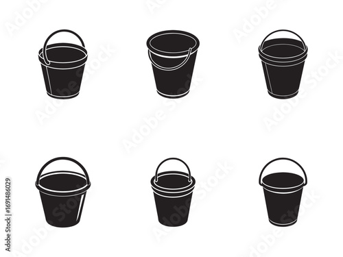 Set of Black and White Bucket Illustrations for Cleaning and Gardening Projects Vector Graphics Resource Collection