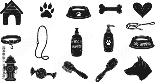 Set of Hand Drawn Dog Care and Accessories. Doodle Vector Illustrations of Pets, Toys, Food and Veterinary Elements