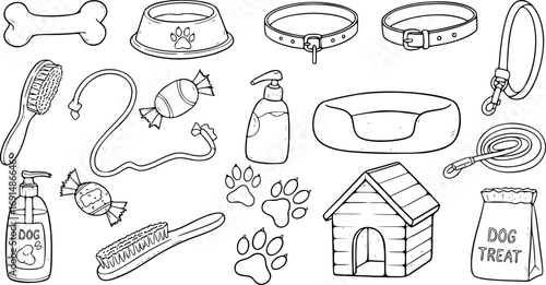Set of Hand Drawn Dog Care and Accessories. Doodle Vector Illustrations of Pets, Toys, Food and Veterinary Elements