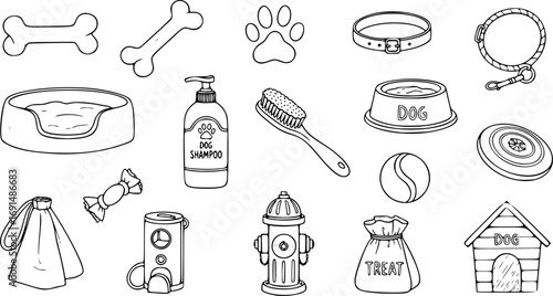 Set of Hand Drawn Dog Care and Accessories. Doodle Vector Illustrations of Pets, Toys, Food and Veterinary Elements