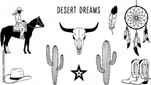Desert Dreams Cowboy Western Boho Vector Collection. Hand Drawn Wild West Illustrations for Bohemian Design and Vintage Decor