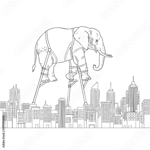 A surreal black and white line drawing of a giant elephant walking on stilts above a cityscape.