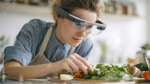 Person Wearing Smart Glasses Prepares Salad in Kitchen