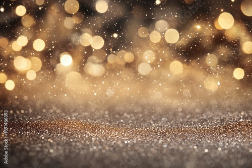 Golden glitter sparkles beneath blurred bokeh lights, festive and bright. Ideal for backgrounds, holiday promotions, or elegant graphic designs.