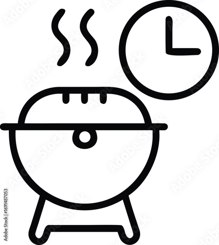 Barbecue grill with smoke and timer outline illustration for outdoor cooking concept