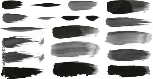 This image shows a set of **brush stroke textures**, but unlike the previous set, these vary in **opacity, shading, and smoothness** rather than being flat silhouettes.