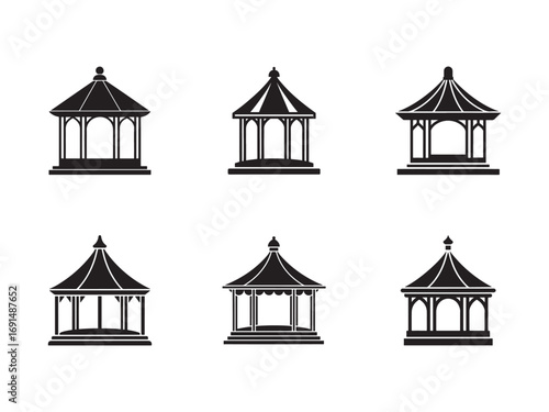 Set of Ornamental Gazebo Icons Silhouette Illustration for Design and Decoration with Unique Details of Architecture