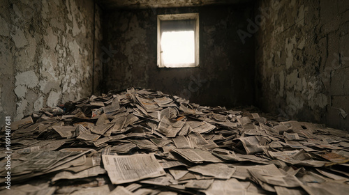Pile of old newspapers filling a dimly lit room with cracked walls and a small window letting in natural light, evoking a sense of nostalgia and decay