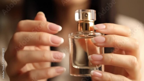 Elegant woman holding and showcasing a luxury fragrance bottle with grace and style in golden light