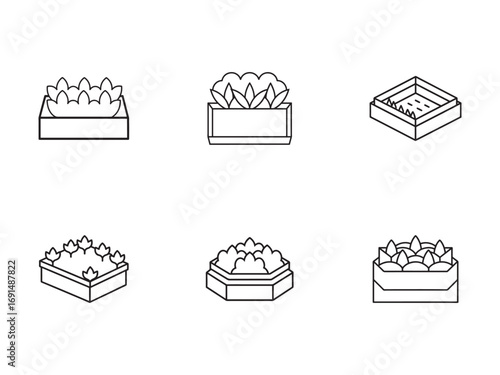 Set of outlined plant pots and planters for indoor and outdoor gardening and home decoration vector illustration