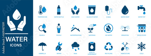 Water icon include isolated icons of water tap, water filter, agriculture, water conservation, rain, the importance of water.