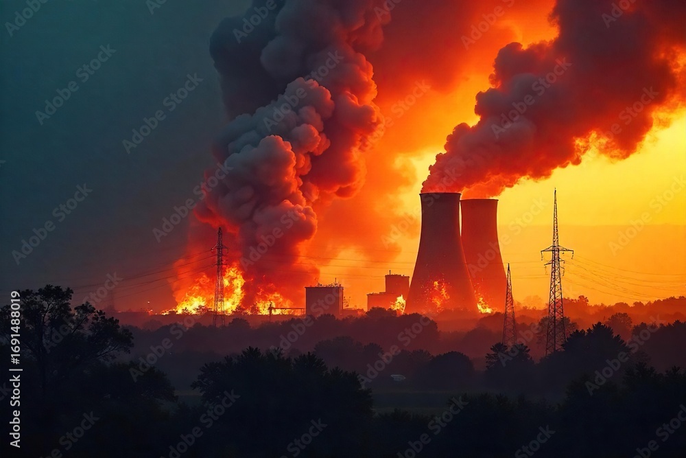 Fiery inferno engulfs industrial power plant, billowing smoke and flames reaching high into the sky Emergency crews battle the blaze, significant damage visible , red flames, aerial view Fiery inferno engulfs industrial power plant, billowing smoke and flames reaching high into the sky Emergency crews battle the blaze, significant damage visible , red flames, aerial view