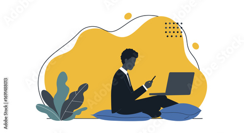 Focused Black businessman working remotely, multitasking with laptop and smartphone in a modern, flexible environment. Ideal for business, technology, and lifestyle concepts.