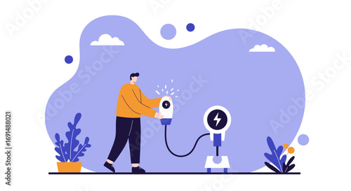 Man connecting electric charger to charging station, symbolizing sustainable energy, innovation, and modern technology. Ideal for business, green initiatives, and power solutions.