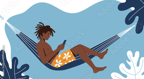 Young man with dreadlocks relaxes in a hammock while using his smartphone in a tropical setting. Represents vacation, leisure, and digital connectivity.