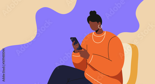 Modern woman in a casual setting using her smartphone, representing digital connectivity, online communication, and a contemporary lifestyle.